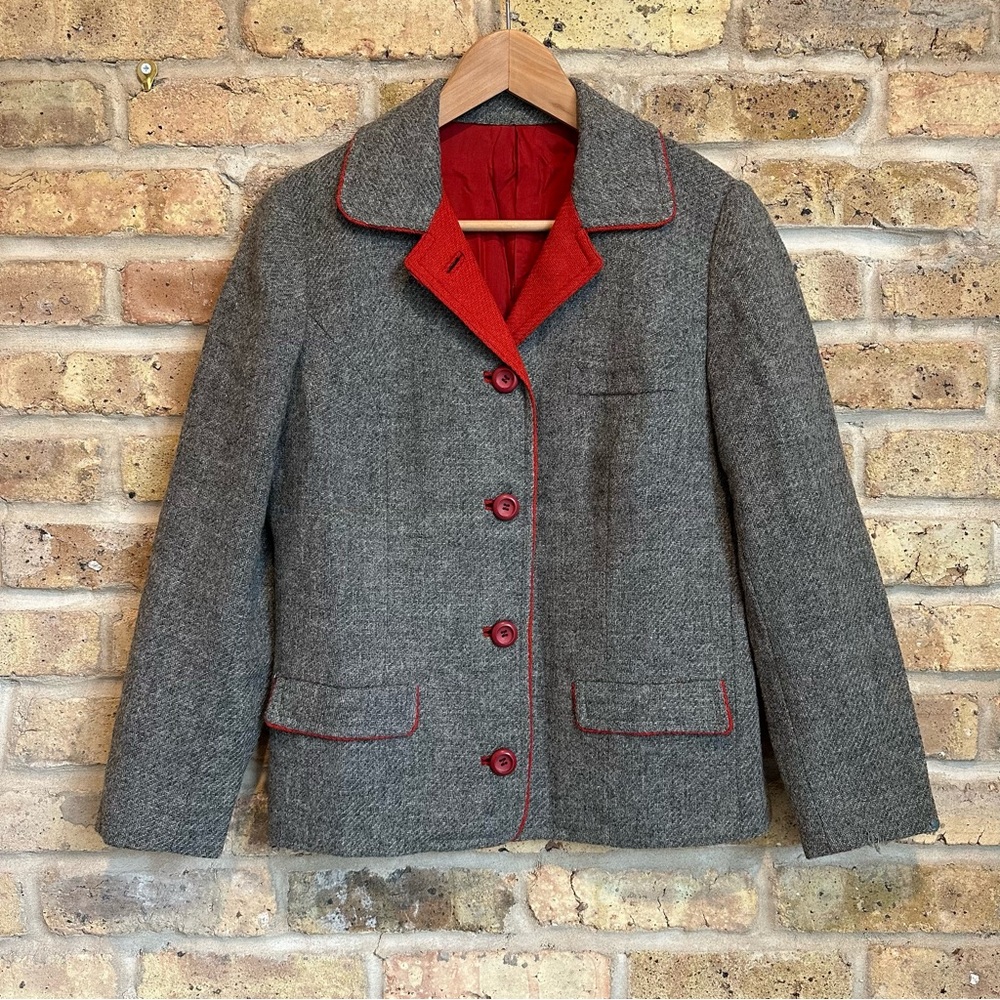 VINTAGE Grey Wool Jacket w/ Red Trim & Piping